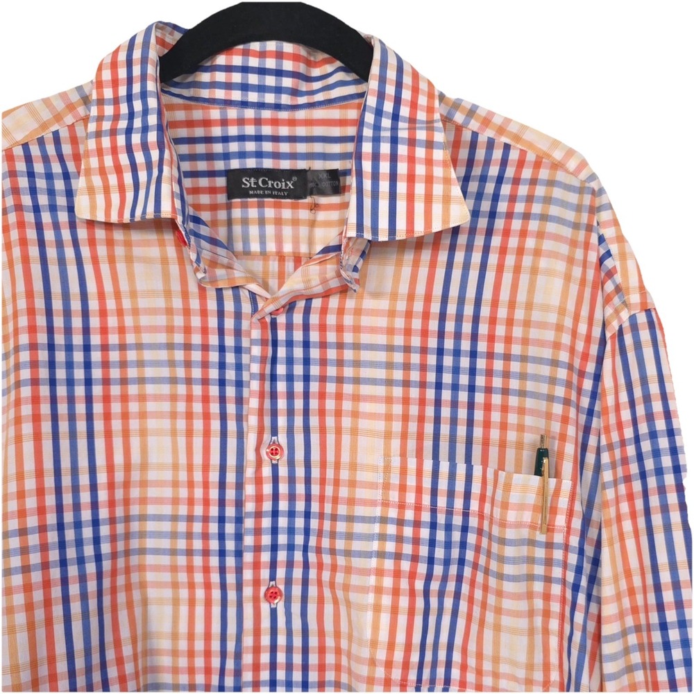 St. Croix ITALY🇮🇹MADE Men's Shirt Plaid Check‎ Size XXL Orange Blue Cotton